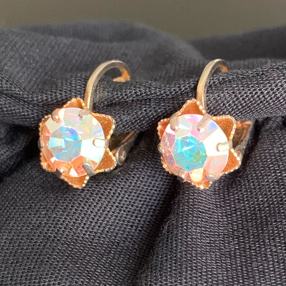 Vintage Signed Austria Aurora Borealis Clip On Mid Century Earrings